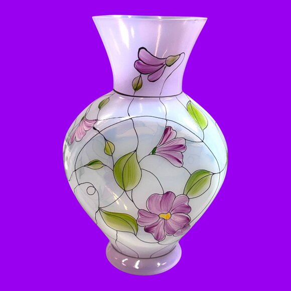 Fenton French Pink Stained Glass Hand Painted Floral Vase Signed Mackey Sticker - Picture 1 of 9